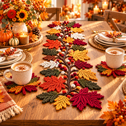 Autumn Leaf Crochet Pattern Bundle PDF | Fall Table Runner & Coasters | Thanksgiving Table Decor | Maple Leaf Crochet | Digital Download