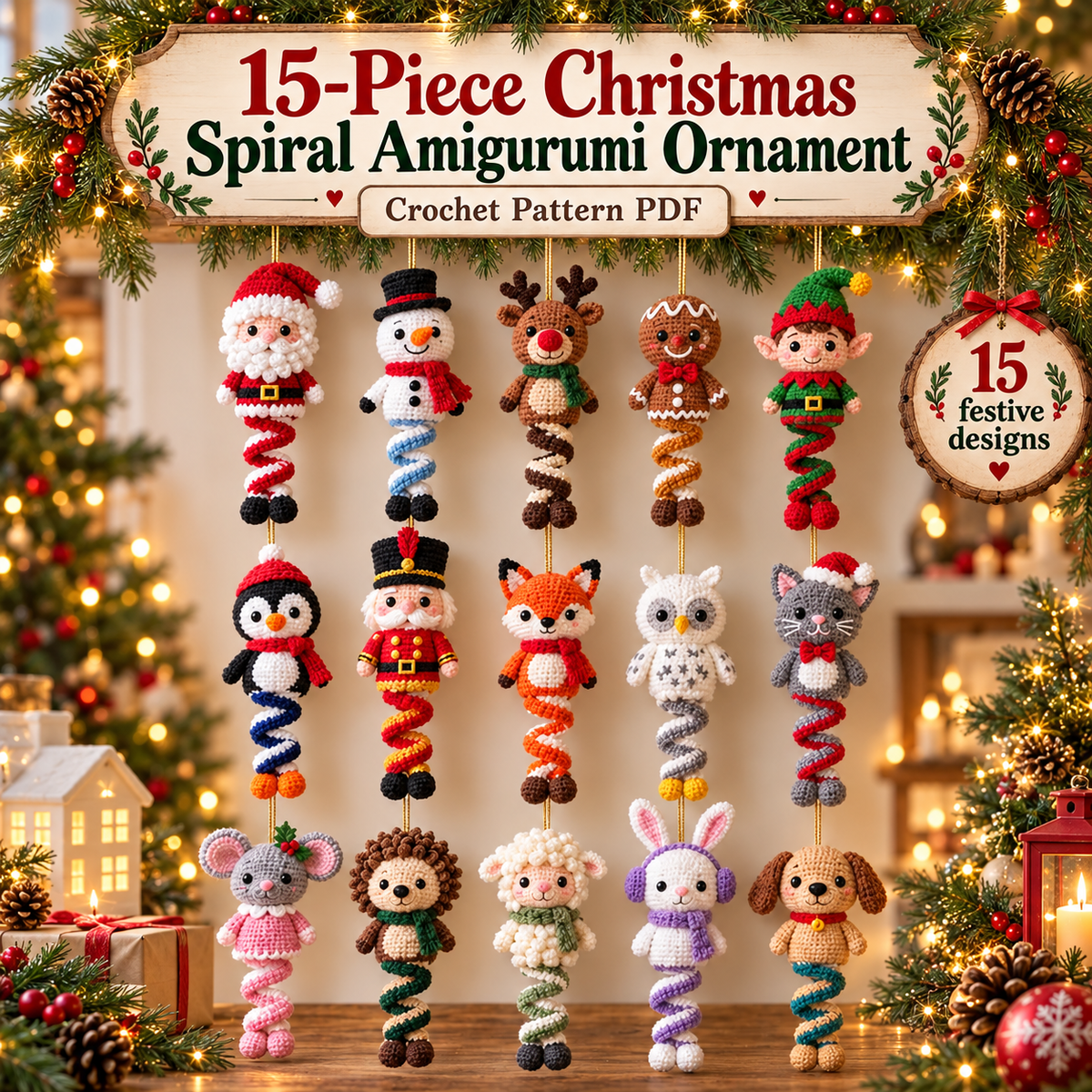 15 Christmas Spiral Amigurumi Crochet Patterns Bundle PDF | Santa, Snowman, Reindeer, Elf & Cute Holiday Hanging Ornaments