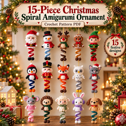 15 Christmas Spiral Amigurumi Crochet Patterns Bundle PDF | Santa, Snowman, Reindeer, Elf & Cute Holiday Hanging Ornaments