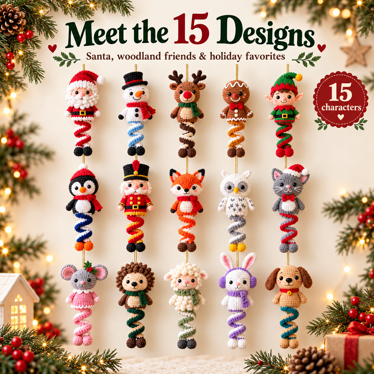15 Christmas Spiral Amigurumi Crochet Patterns Bundle PDF | Santa, Snowman, Reindeer, Elf & Cute Holiday Hanging Ornaments