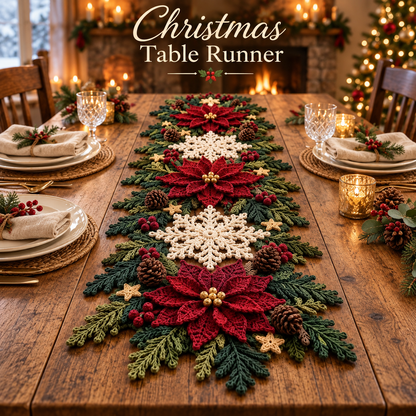 Christmas Table Runner Crochet Pattern PDF | 3D Poinsettia & Snowflake Holiday Decor | Festive Table Centerpiece | Digital Download
