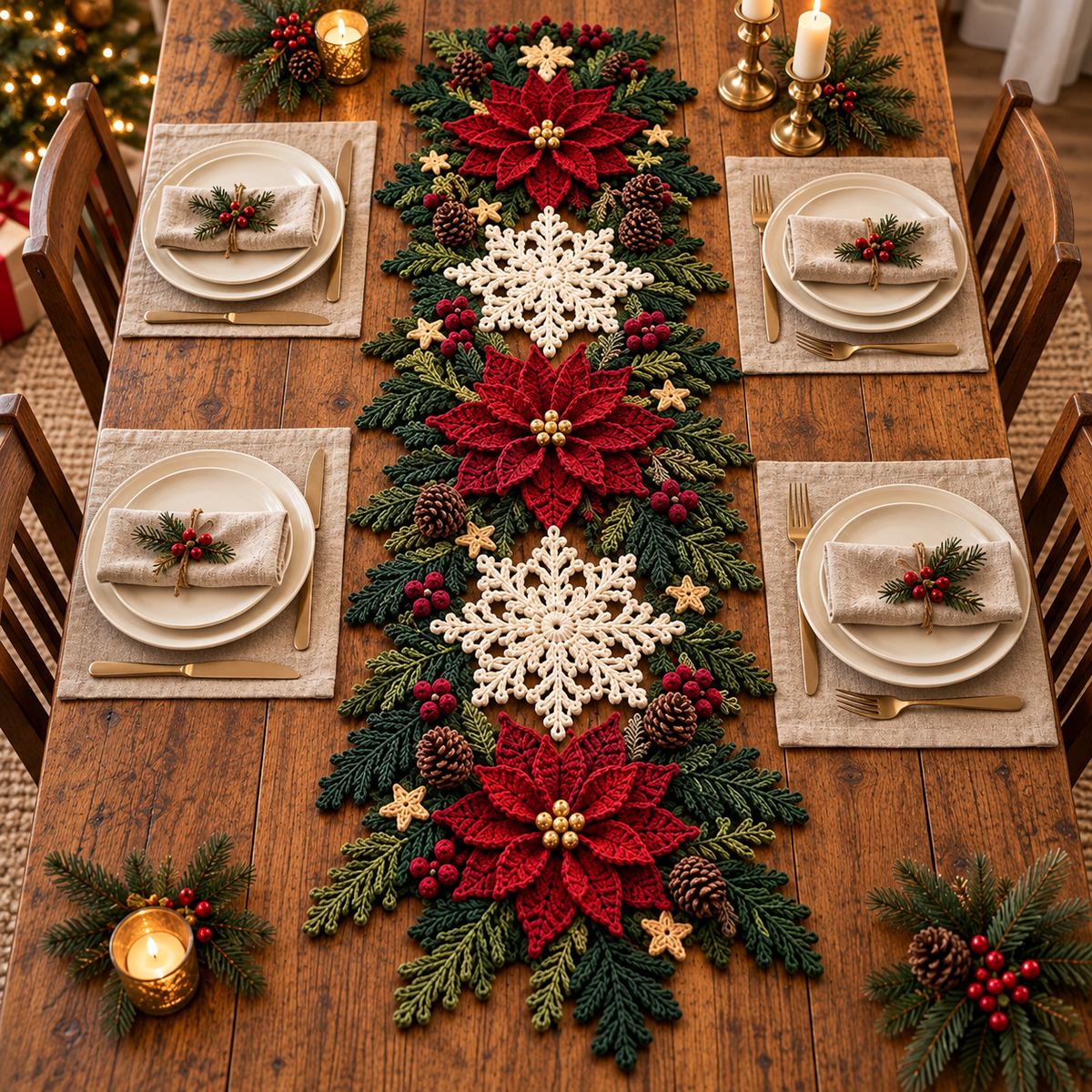 Christmas Table Runner Crochet Pattern PDF | 3D Poinsettia & Snowflake Holiday Decor | Festive Table Centerpiece | Digital Download
