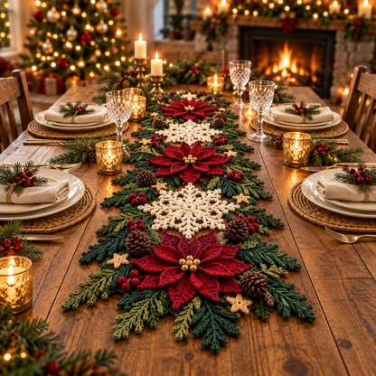 Christmas Table Runner Crochet Pattern PDF | 3D Poinsettia & Snowflake Holiday Decor | Festive Table Centerpiece | Digital Download
