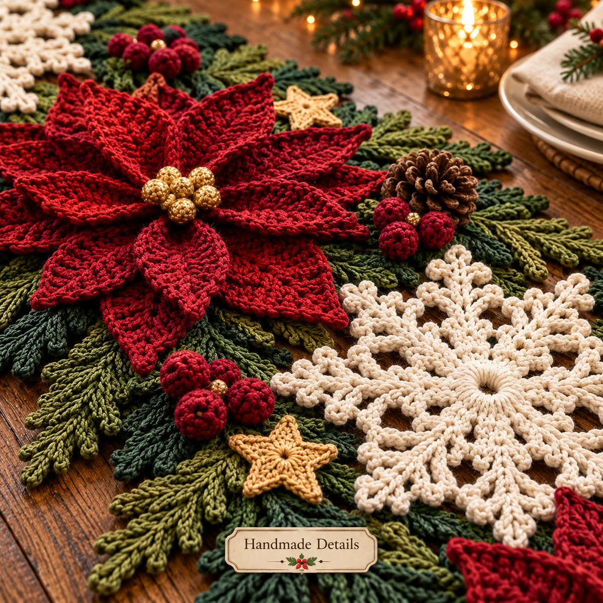 Christmas Table Runner Crochet Pattern PDF | 3D Poinsettia & Snowflake Holiday Decor | Festive Table Centerpiece | Digital Download