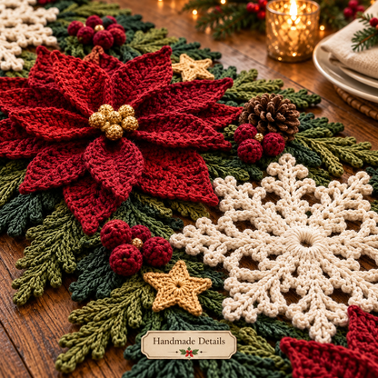 Christmas Table Runner Crochet Pattern PDF | 3D Poinsettia & Snowflake Holiday Decor | Festive Table Centerpiece | Digital Download