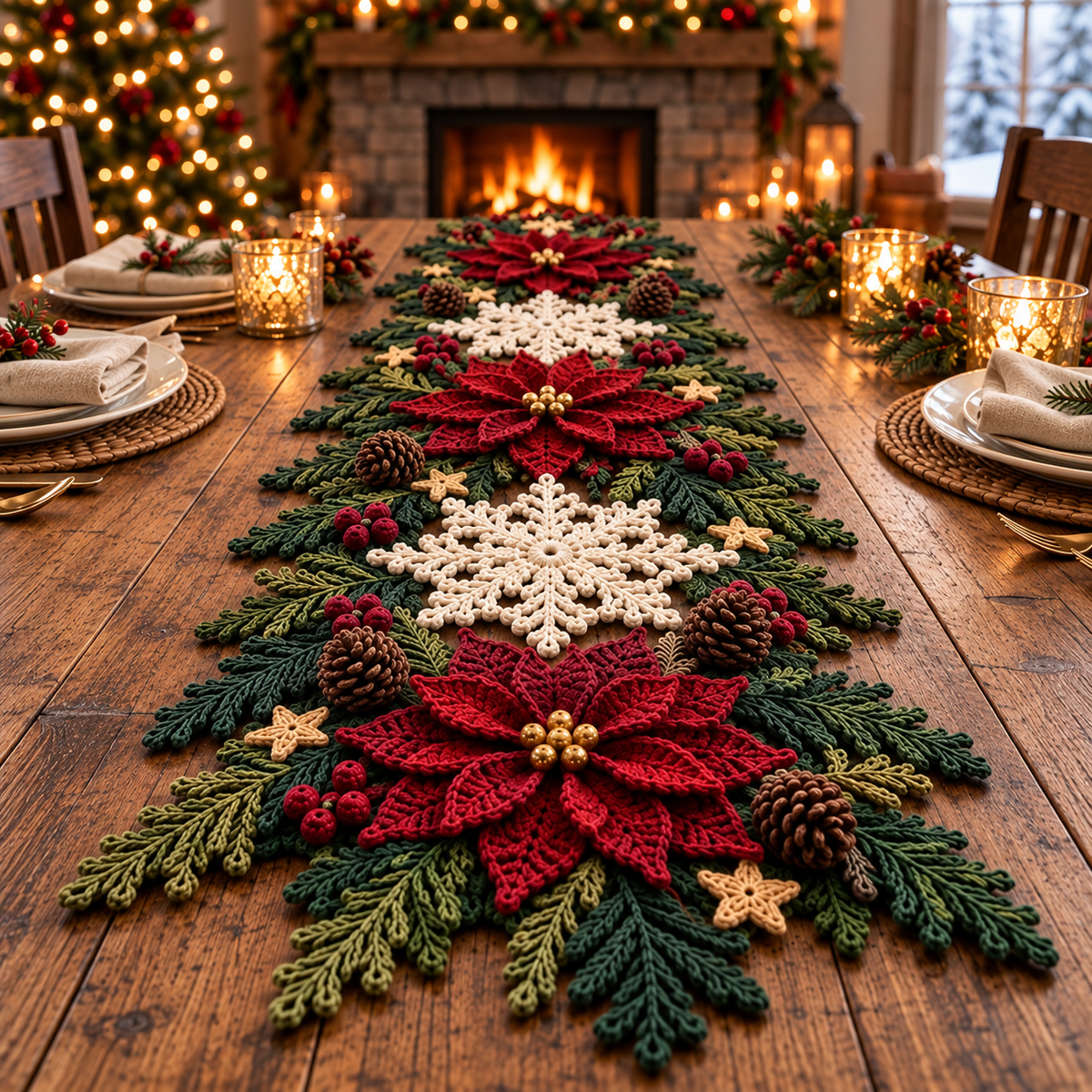 Christmas Table Runner Crochet Pattern PDF | 3D Poinsettia & Snowflake Holiday Decor | Festive Table Centerpiece | Digital Download