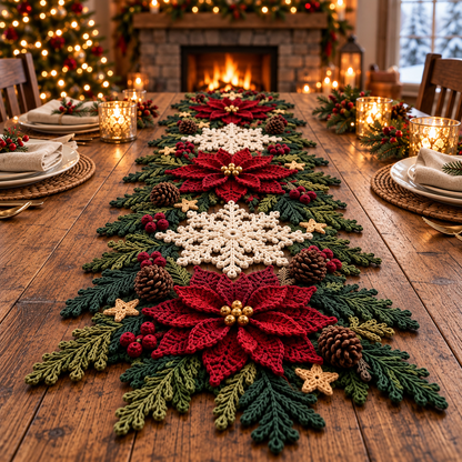 Christmas Table Runner Crochet Pattern PDF | 3D Poinsettia & Snowflake Holiday Decor | Festive Table Centerpiece | Digital Download
