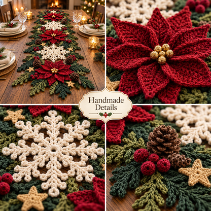 Christmas Table Runner Crochet Pattern PDF | 3D Poinsettia & Snowflake Holiday Decor | Festive Table Centerpiece | Digital Download