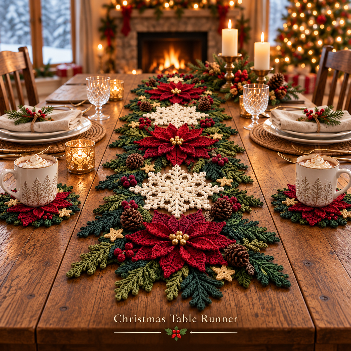Christmas Table Runner Crochet Pattern PDF | 3D Poinsettia & Snowflake Holiday Decor | Festive Table Centerpiece | Digital Download