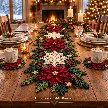 Christmas Table Runner Crochet Pattern PDF | 3D Poinsettia & Snowflake Holiday Decor | Festive Table Centerpiece | Digital Download