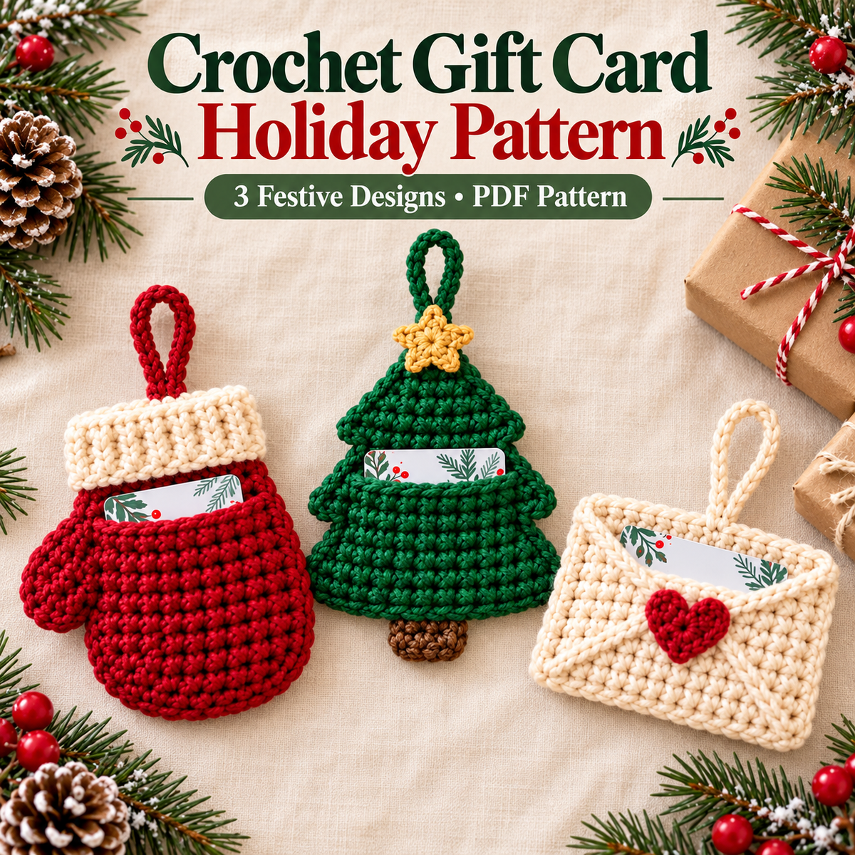 3-in-1 Christmas Gift Card Holder Crochet Pattern PDF | Santa Mitten, Tree & Envelope Designs | Holiday Ornament Digital Download