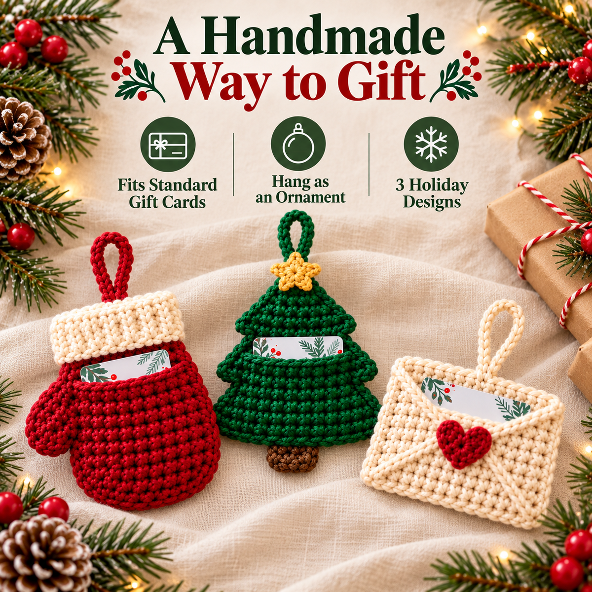 3-in-1 Christmas Gift Card Holder Crochet Pattern PDF | Santa Mitten, Tree & Envelope Designs | Holiday Ornament Digital Download