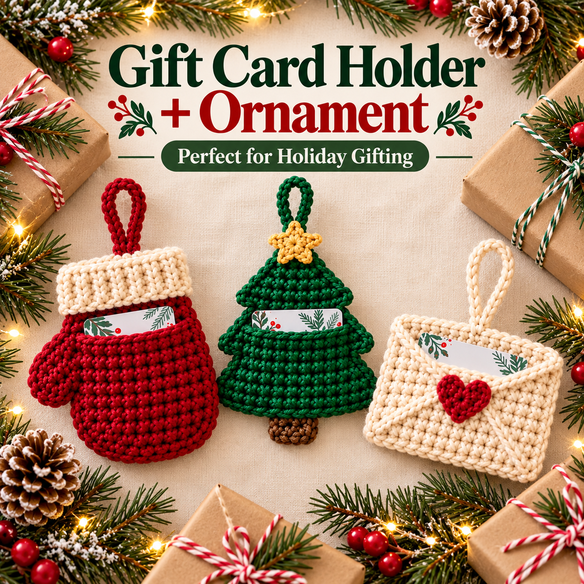 3-in-1 Christmas Gift Card Holder Crochet Pattern PDF | Santa Mitten, Tree & Envelope Designs | Holiday Ornament Digital Download