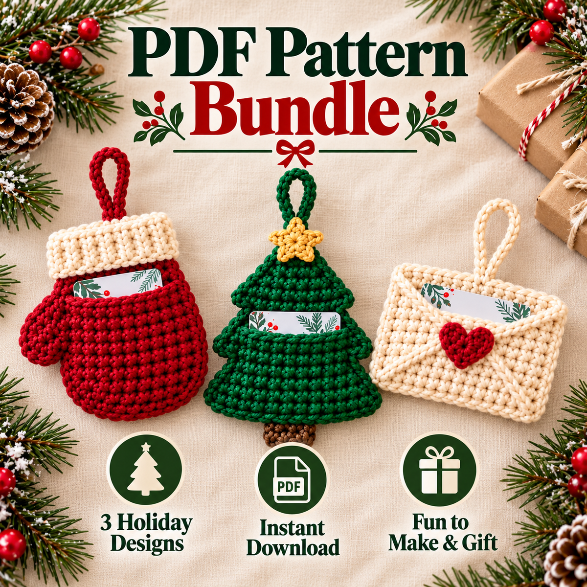 3-in-1 Christmas Gift Card Holder Crochet Pattern PDF | Santa Mitten, Tree & Envelope Designs | Holiday Ornament Digital Download
