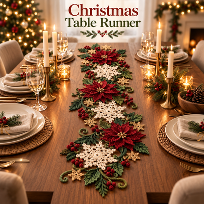 Christmas Table Runner Crochet Pattern PDF | 3D Poinsettia & Snowflake Holiday Decor | Festive Dining Table Centerpiece