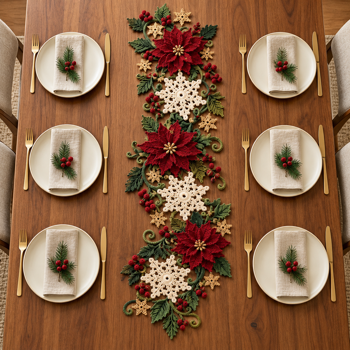 Christmas Table Runner Crochet Pattern PDF | 3D Poinsettia & Snowflake Holiday Decor | Festive Dining Table Centerpiece