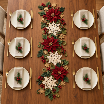 Christmas Table Runner Crochet Pattern PDF | 3D Poinsettia & Snowflake Holiday Decor | Festive Dining Table Centerpiece