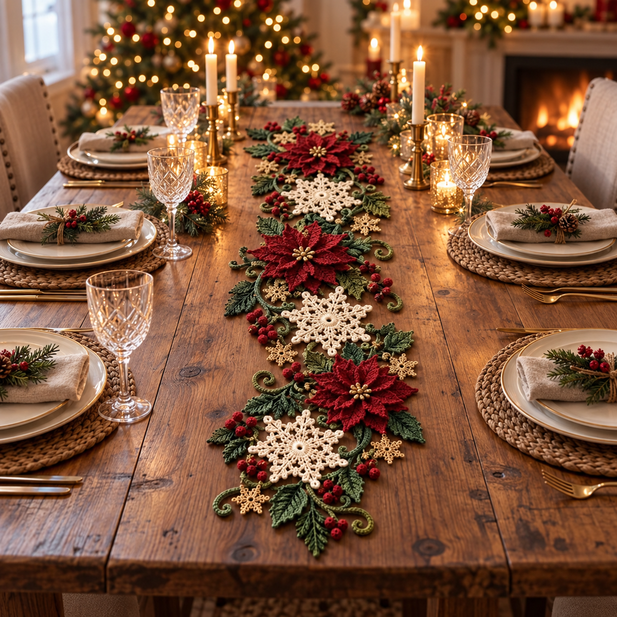 Christmas Table Runner Crochet Pattern PDF | 3D Poinsettia & Snowflake Holiday Decor | Festive Dining Table Centerpiece