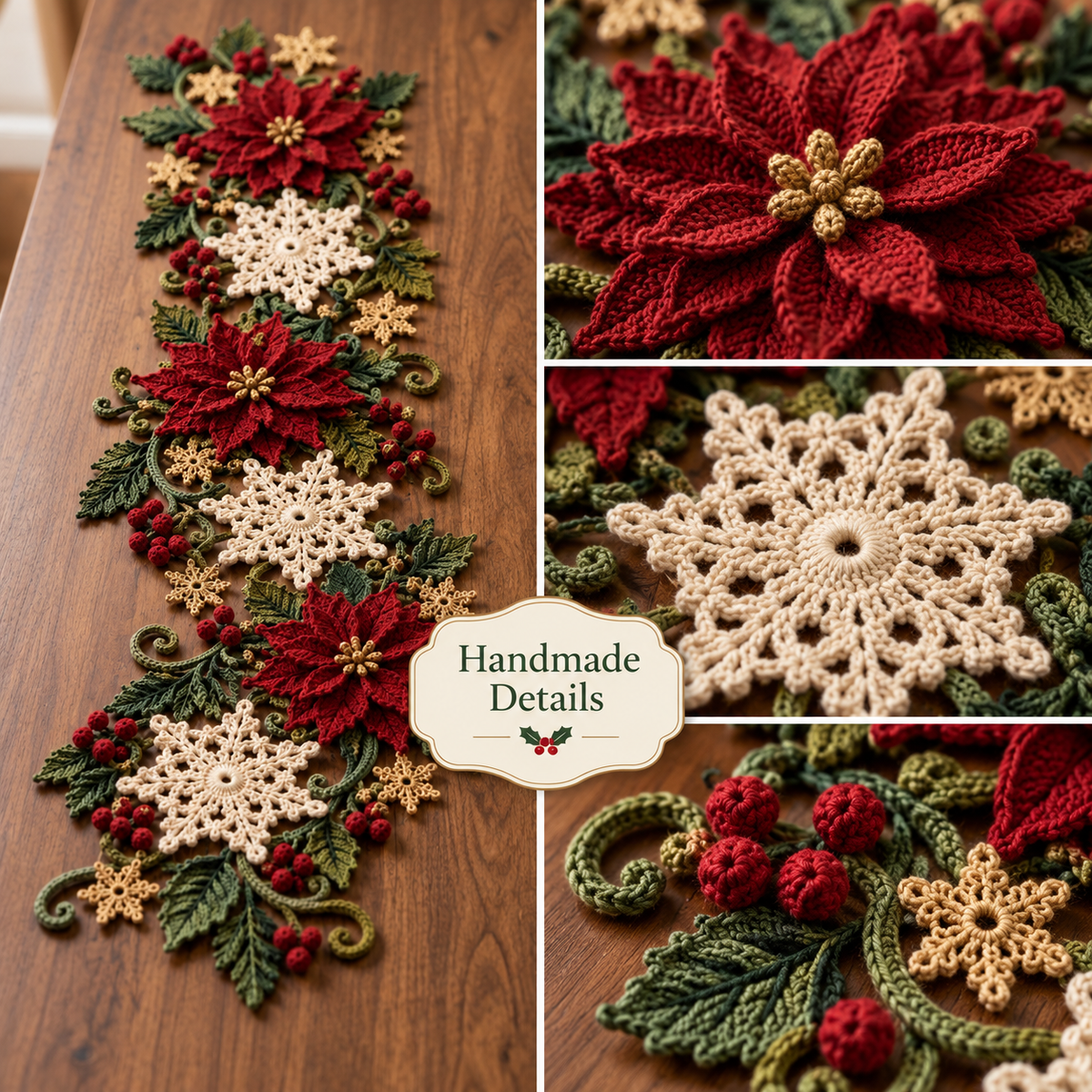 Christmas Table Runner Crochet Pattern PDF | 3D Poinsettia & Snowflake Holiday Decor | Festive Dining Table Centerpiece