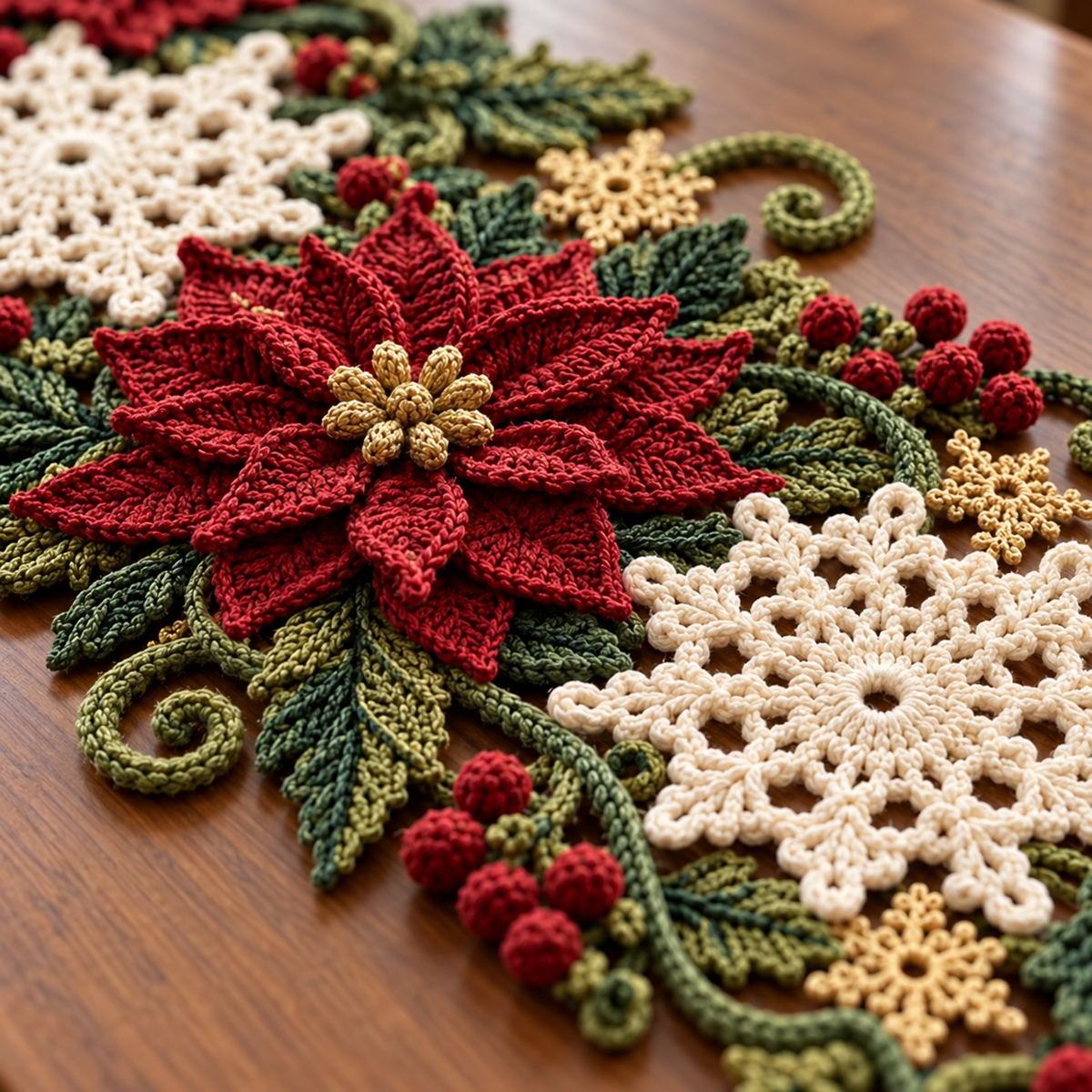 Christmas Table Runner Crochet Pattern PDF | 3D Poinsettia & Snowflake Holiday Decor | Festive Dining Table Centerpiece