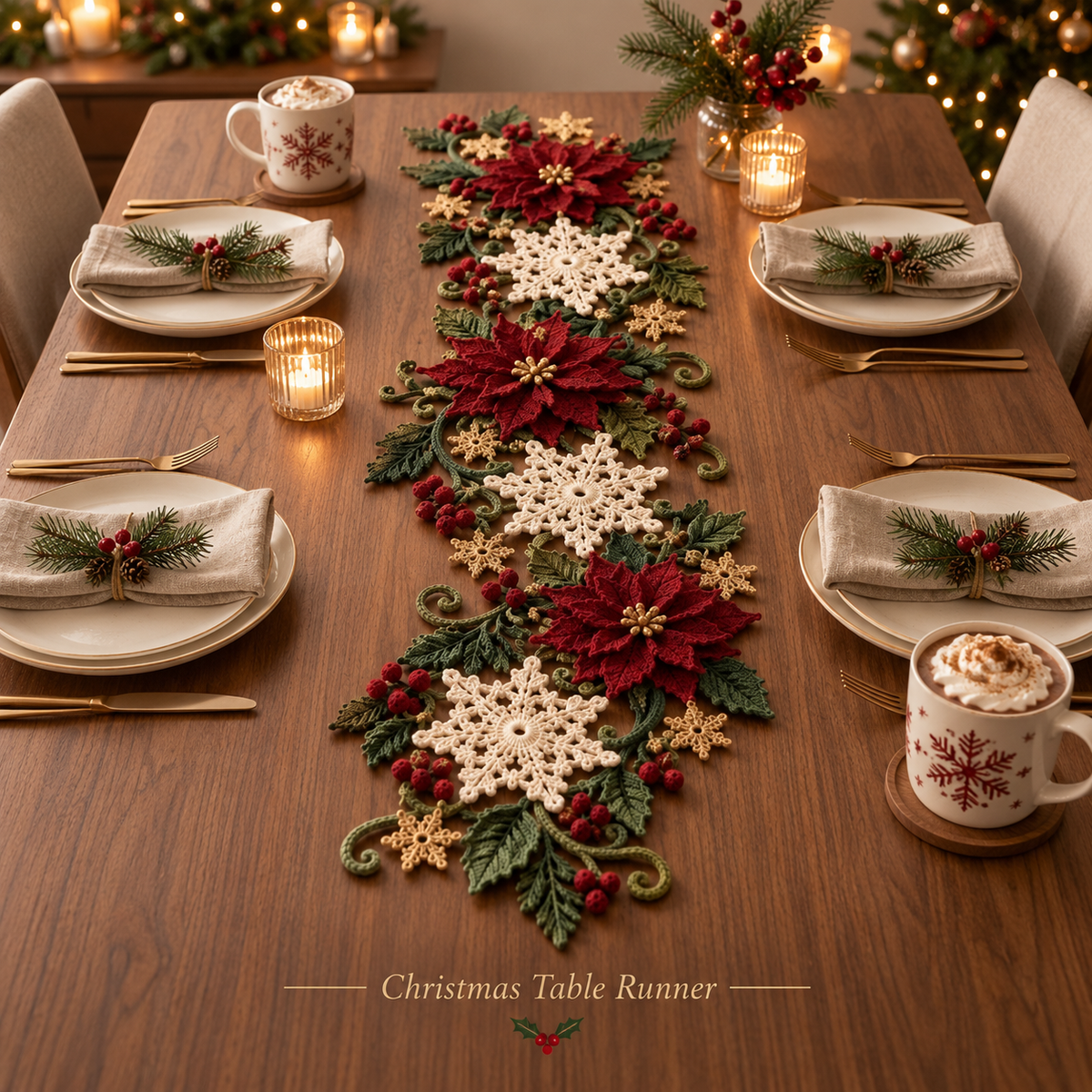 Christmas Table Runner Crochet Pattern PDF | 3D Poinsettia & Snowflake Holiday Decor | Festive Dining Table Centerpiece