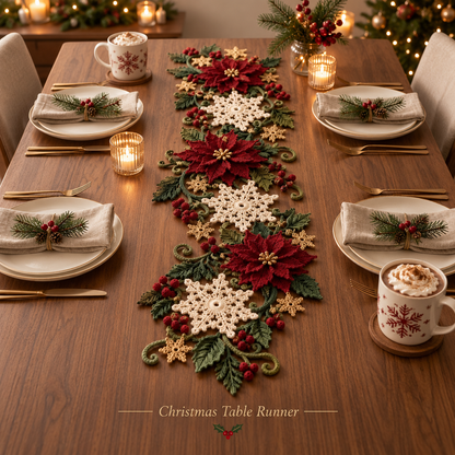 Christmas Table Runner Crochet Pattern PDF | 3D Poinsettia & Snowflake Holiday Decor | Festive Dining Table Centerpiece
