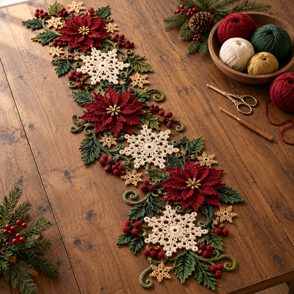 Christmas Table Runner Crochet Pattern PDF | 3D Poinsettia & Snowflake Holiday Decor | Festive Dining Table Centerpiece