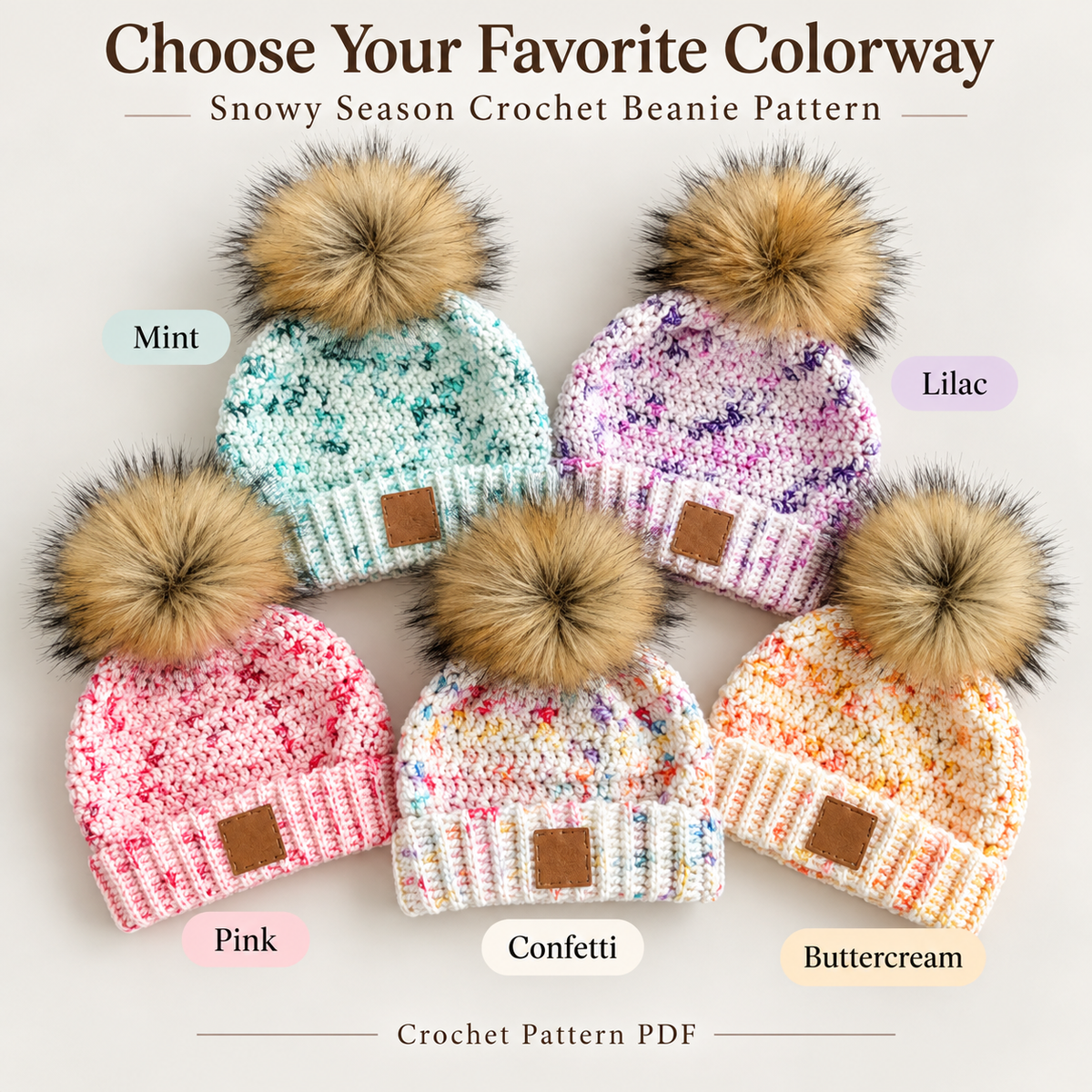 Snowy Season Crochet Beanie Pattern PDF | Pom Pom Winter Hat | Baby to Adult Sizes | Easy Crochet Hat Digital Download