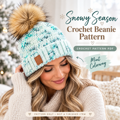 Snowy Season Crochet Beanie Pattern PDF | Pom Pom Winter Hat | Baby to Adult Sizes | Easy Crochet Hat Digital Download