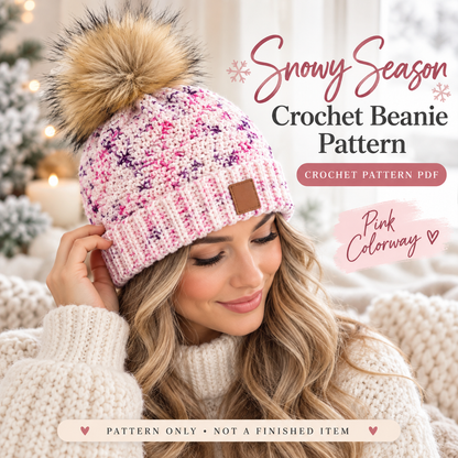 Snowy Season Crochet Beanie Pattern PDF | Pom Pom Winter Hat | Baby to Adult Sizes | Easy Crochet Hat Digital Download