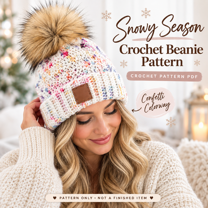Snowy Season Crochet Beanie Pattern PDF | Pom Pom Winter Hat | Baby to Adult Sizes | Easy Crochet Hat Digital Download