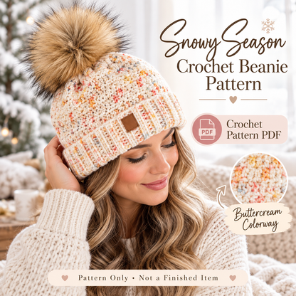 Snowy Season Crochet Beanie Pattern PDF | Pom Pom Winter Hat | Baby to Adult Sizes | Easy Crochet Hat Digital Download