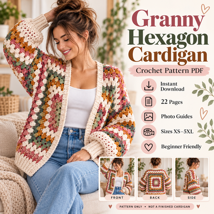Granny Hexagon Cardigan Crochet Pattern PDF | Beginner Granny Stitch Sweater | Sizes XS–5XL | Boho Cardigan Digital Download