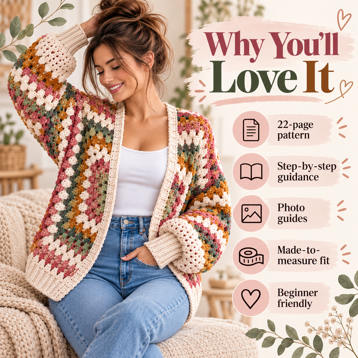 Granny Hexagon Cardigan Crochet Pattern PDF | Beginner Granny Stitch Sweater | Sizes XS–5XL | Boho Cardigan Digital Download