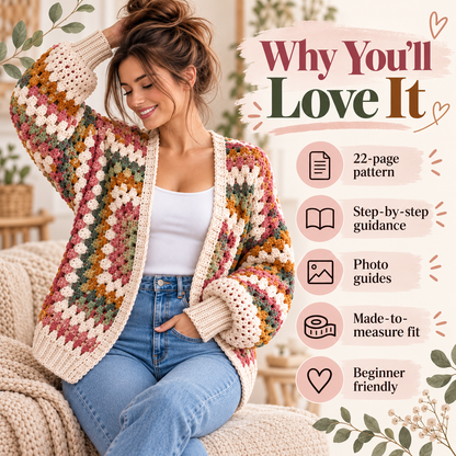 Granny Hexagon Cardigan Crochet Pattern PDF | Beginner Granny Stitch Sweater | Sizes XS–5XL | Boho Cardigan Digital Download