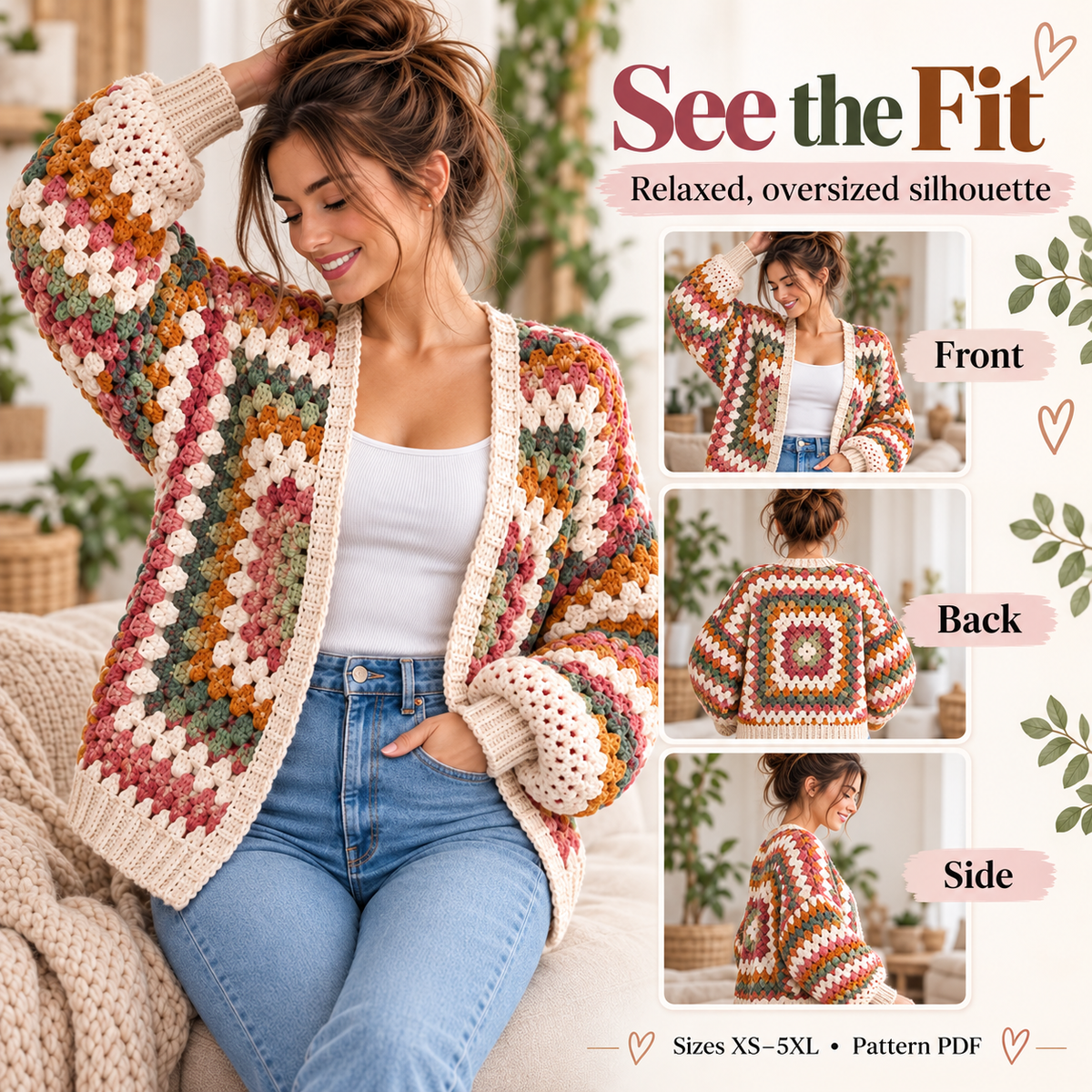 Granny Hexagon Cardigan Crochet Pattern PDF | Beginner Granny Stitch Sweater | Sizes XS–5XL | Boho Cardigan Digital Download