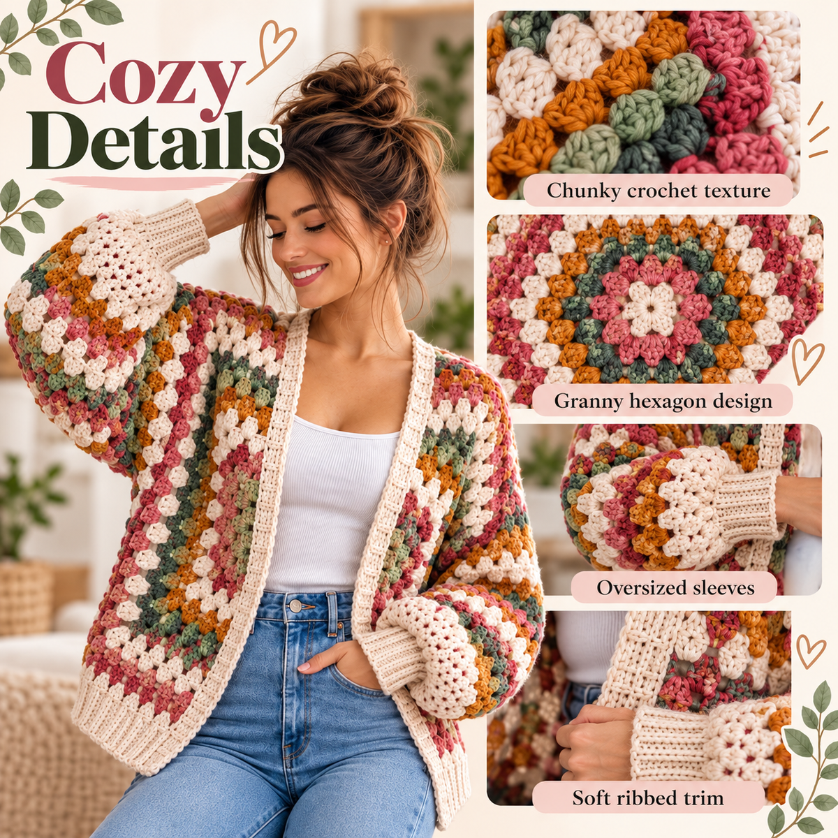 Granny Hexagon Cardigan Crochet Pattern PDF | Beginner Granny Stitch Sweater | Sizes XS–5XL | Boho Cardigan Digital Download
