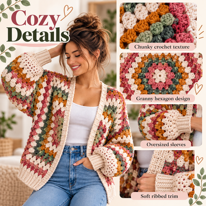 Granny Hexagon Cardigan Crochet Pattern PDF | Beginner Granny Stitch Sweater | Sizes XS–5XL | Boho Cardigan Digital Download