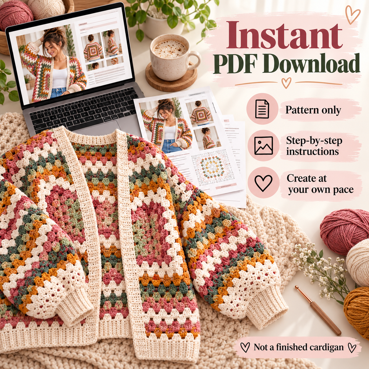 Granny Hexagon Cardigan Crochet Pattern PDF | Beginner Granny Stitch Sweater | Sizes XS–5XL | Boho Cardigan Digital Download