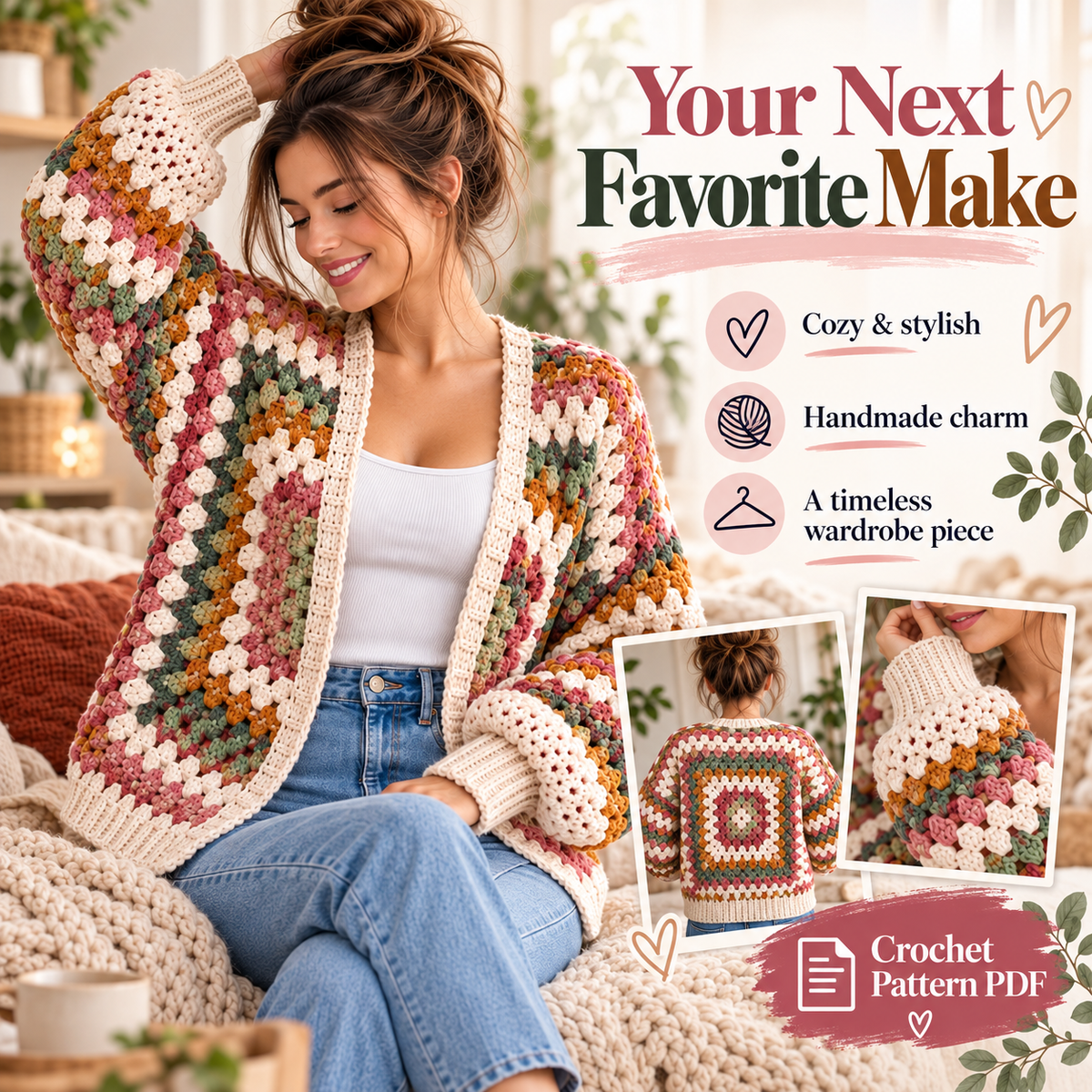 Granny Hexagon Cardigan Crochet Pattern PDF | Beginner Granny Stitch Sweater | Sizes XS–5XL | Boho Cardigan Digital Download