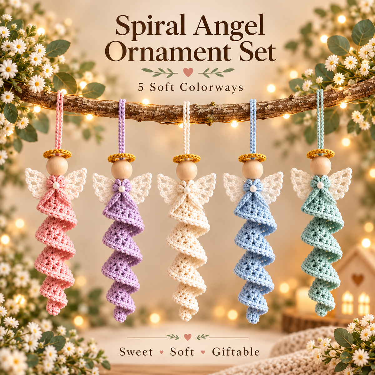 Crochet Angel Ornament Pattern PDF | 5 Spiral Angel Designs | Christmas Tree Hanging Decor | Wooden Bead Angel Digital Download