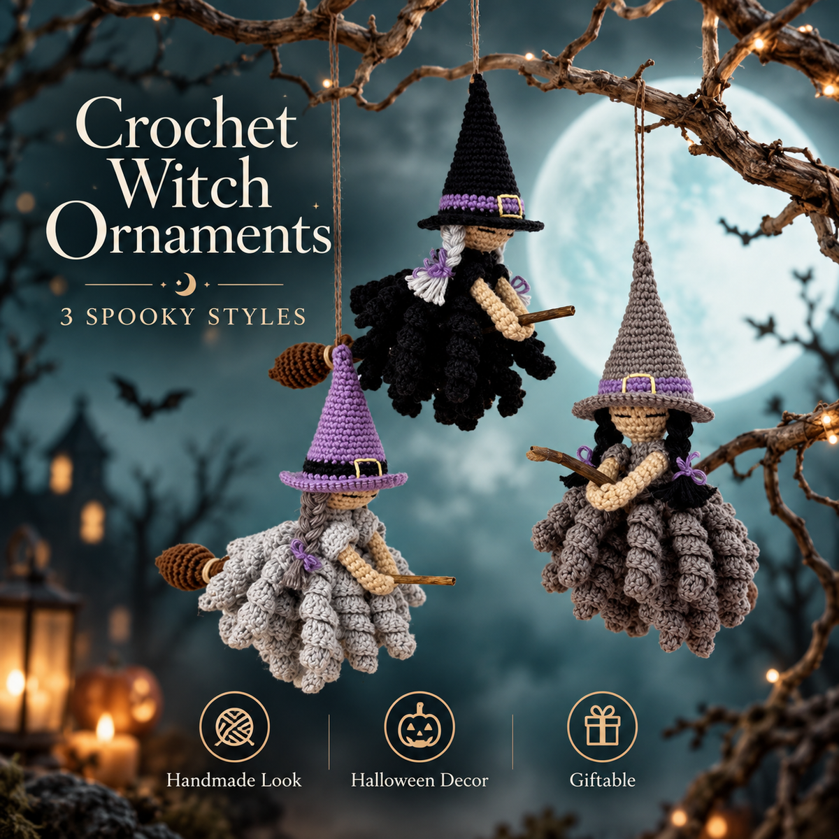 Crochet Witch Ornament Pattern PDF | 3 Halloween Witch Designs | Hanging Amigurumi Decor | Spooky Witch Crochet Digital Download