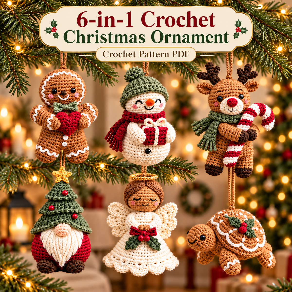 6-in-1 Christmas Crochet Ornament Pattern PDF | Gingerbread, Snowman, Reindeer, Gnome, Angel & Turtle