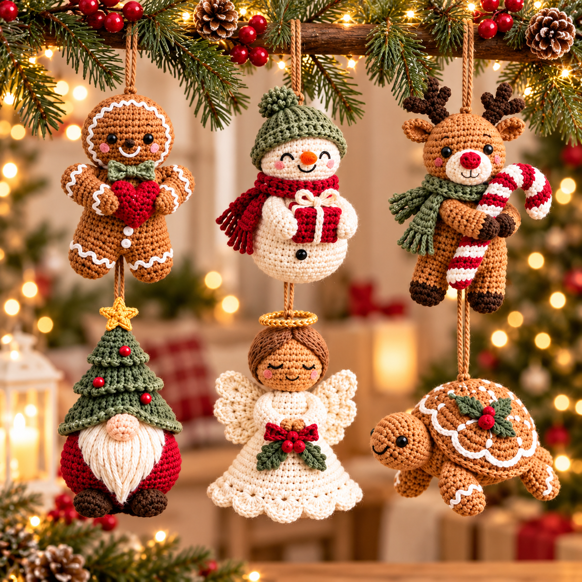 6-in-1 Christmas Crochet Ornament Pattern PDF | Gingerbread, Snowman, Reindeer, Gnome, Angel & Turtle