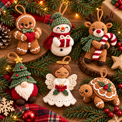 6-in-1 Christmas Crochet Ornament Pattern PDF | Gingerbread, Snowman, Reindeer, Gnome, Angel & Turtle