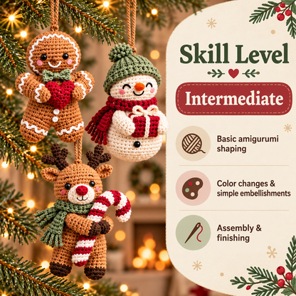 6-in-1 Christmas Crochet Ornament Pattern PDF | Gingerbread, Snowman, Reindeer, Gnome, Angel & Turtle
