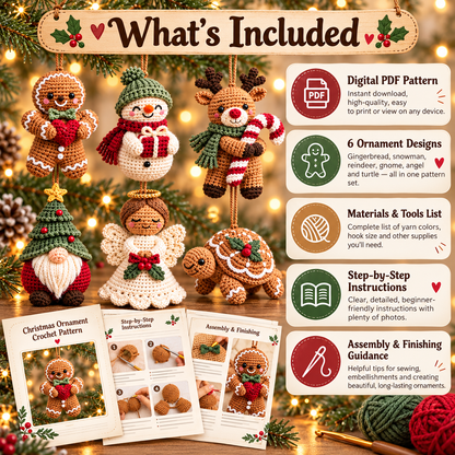 6-in-1 Christmas Crochet Ornament Pattern PDF | Gingerbread, Snowman, Reindeer, Gnome, Angel & Turtle