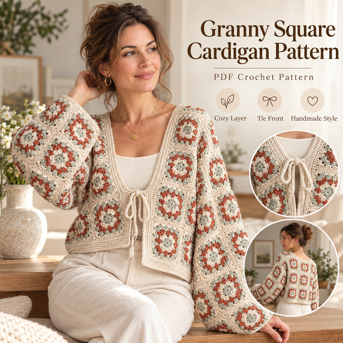 Granny Square Cardigan Crochet Pattern PDF | Floral Tie-Front Women’s Cardigan | Made-to-Measure Crochet Jacket | Digital Download