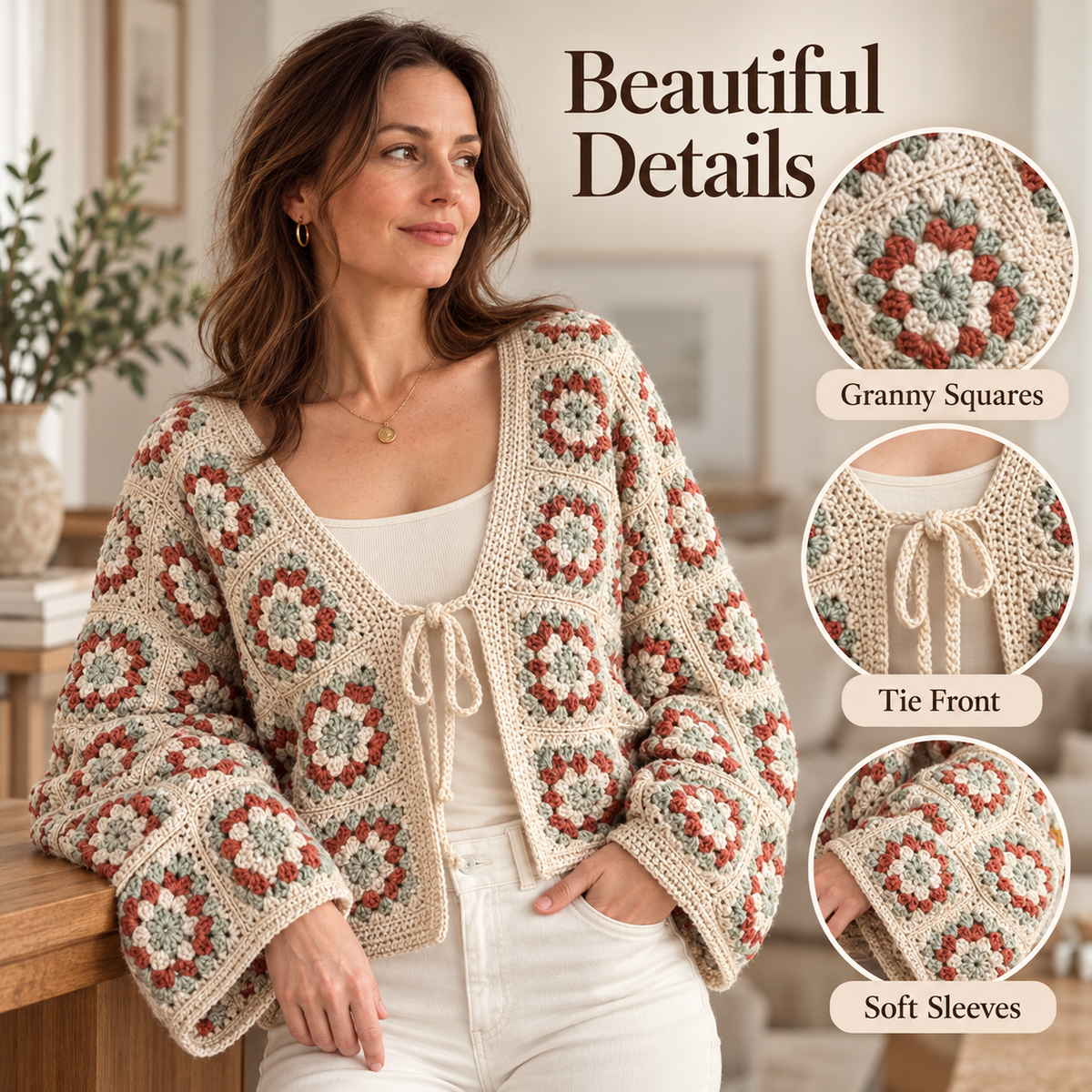 Granny Square Cardigan Crochet Pattern PDF | Floral Tie-Front Women’s Cardigan | Made-to-Measure Crochet Jacket | Digital Download