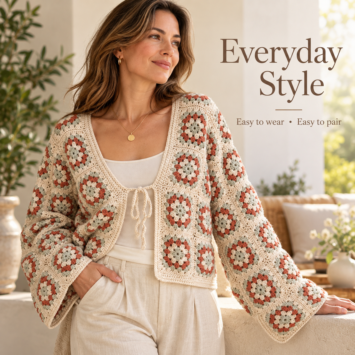 Granny Square Cardigan Crochet Pattern PDF | Floral Tie-Front Women’s Cardigan | Made-to-Measure Crochet Jacket | Digital Download